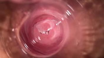 Camera positioned deep within Mia's teeny-tiny pussy
