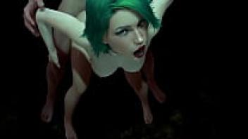 Three-dimensional pornography shows a hot girl with green hair being adored from behind.