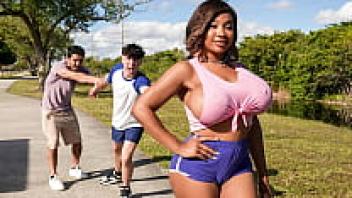 Two stalkers are following Busty Tiamaria, who is part of an oily trio!