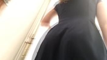 Staircase with a sultry blonde upskirt