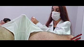 The patient's erection is being observed by the nurse and the aesthetician!