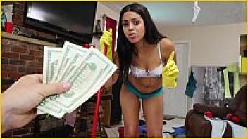 A sexy young Latina maid cleans up the house of a client who is completely insane
