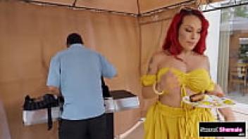 Busty TS Foxxy is barebacked by her boyfriend's stepson, as seen on SacredShemale.com.