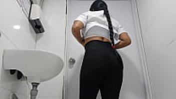 The nurse is shown becoming angry on camera in the public restroom.