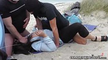 Group gangbangs on the beach with Marion, the naughty babewife
