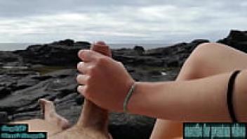 a public beach with wet love and a cumshot taken without hands