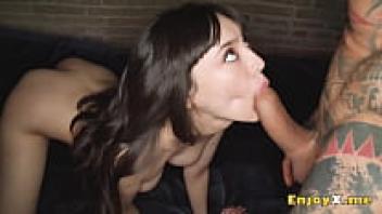 She is a tatted black-haired woman with bald snatch and deep throat talents, and in a really hot pornographic scenario, her boyplaymate gives her a full cum slurping.