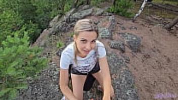 Cum extraction in the mountains, with the instructor being sucked off as they were hiking