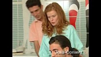 This lovely amateur with red hair is participating in her very first threesome love.