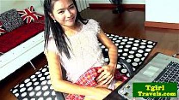 A ladyboy with an upskirt jerking himself before assfingering