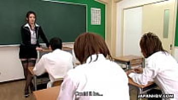 Wonderful educator suckling on her mischievous pupils at the same time