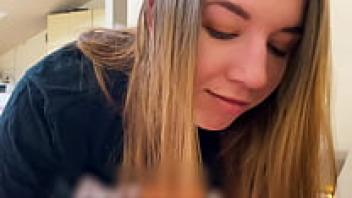 Wanted to eat, but she ended up with cum in her mouth. This was a real amateur homemade dish.