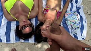 Voyeur pervert jerks off busty MILF and her stepdaughter, cums on their faces while they sunbathe.