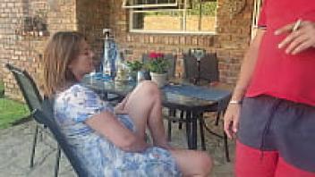 Mutual masturbation. My friend's wife was fingering herself on the patio, so I joined her.