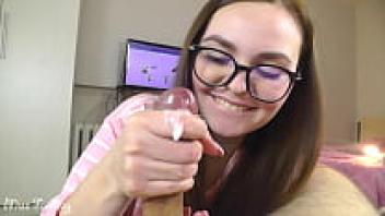 Blowjob and handjob from hottie in glasses, lots of sperm.