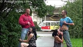A pregnant female in a foursome on a public street