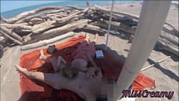 Exhibitionist Teacher Amateur Milf Handjob Big Cock in front of a voyeur with cum P1-MissCreamy on Nudity Beach