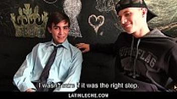 Latina twinks with slim bodies engage in bareback sex.