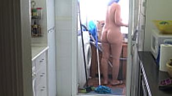 His hairy Turkish Muslim maid cleans naked for him because he is a real voyeur businessman.