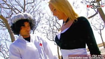 Threesome mmf is given to a Spanish nurse.