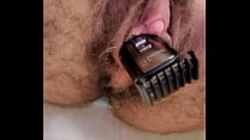 adoring my shaven, hairy pussy