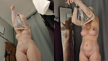 Big Tits and Naked Blonde from an upskirt perspective. Mycandyalice's sexy try-on haul translucent clothing in the changing room