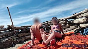 Exhibitionist Wife Outdoor Amateur Milf Handjob Big Cock in front of a voyeur with a cumshot on Nudity Beach MissCreamy