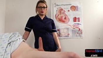 A stocking-clad, voyeur bosomy nurse observes a patient jerking.