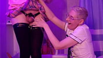 Stepmother assists her femboy in urinating.