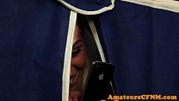 After wanking, CFNM voyeur chick got facialized.