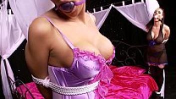 Tied up and ball gagged lesbians struggle to escape bondage. Four Babes with Big Boobs and Lingerie!